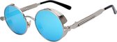 KIMU ronde zonnebril blauw spiegelglazen steampunk vintage - zilver