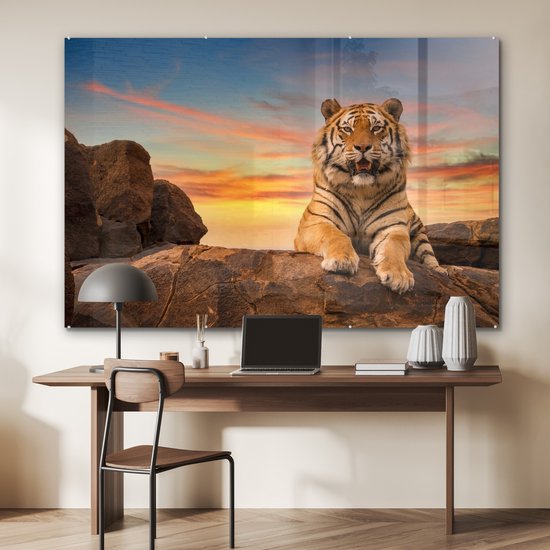 MuchoWow® Peinture sur verre - Tigre - Soleil - Rochers - 180x120 cm - Peintures sur verre acrylique - Photo sur Glas