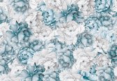 Fotobehang - Vlies Behang - Blauwe Vintage Pioenrozen - Bloemen - 312 x 219 cm