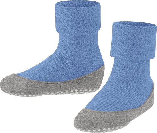 Blauwe Falke huissokken met omgeslagen boord, grijze zolen en antislipnoppen. Gemaakt van wol.