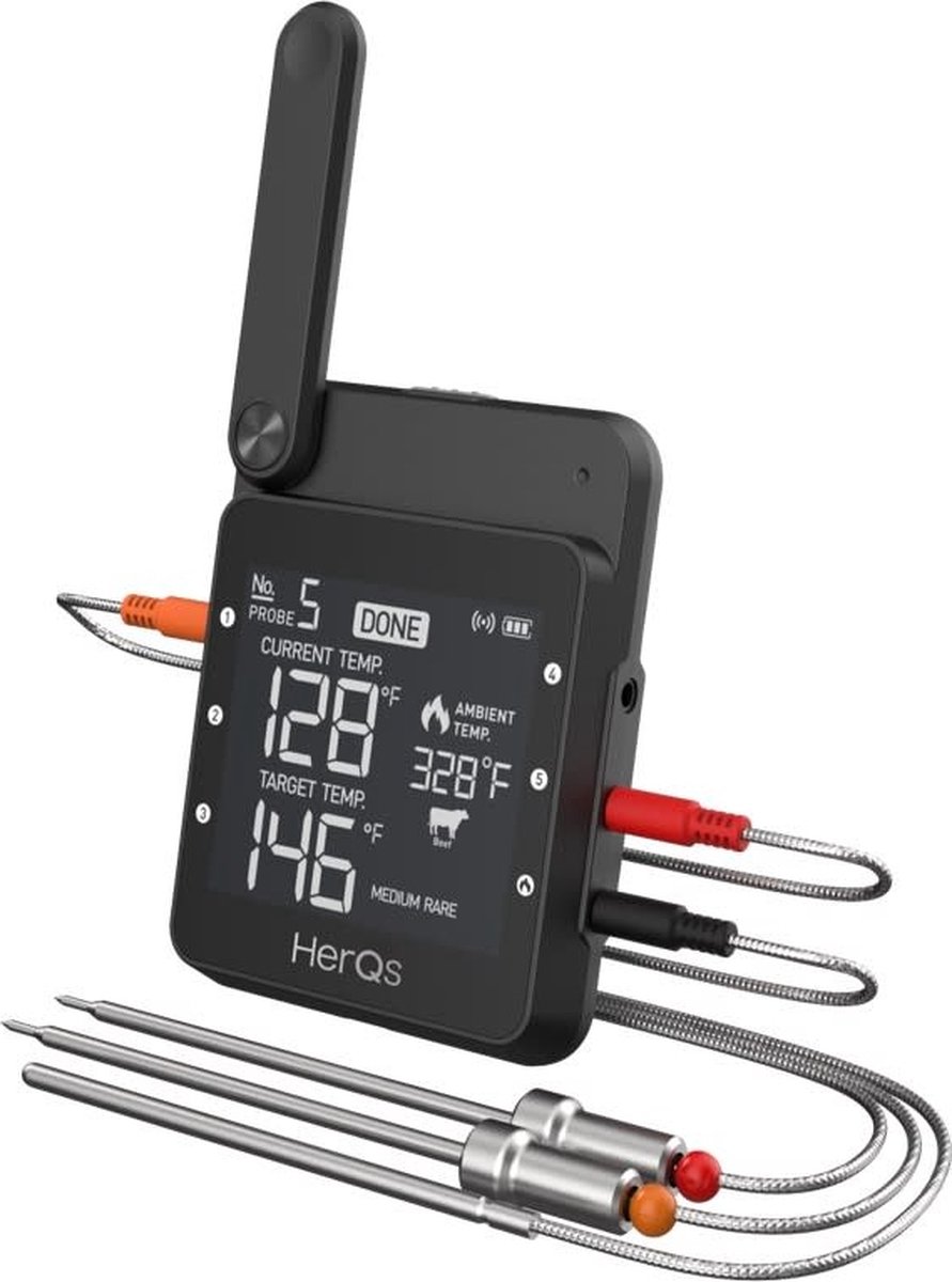 herQs - Professional - BBQ thermometer – Vleesthermometer - bbq thermometer – Draadloze barbecue thermometer met App – WiFi – Bluetooth – maximaal 6 sondes - HerQs