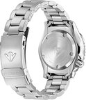 Zilverkleurig Citizen Promaster horloge, achterkant en gesp zichtbaar. Het logo van Promaster is zichtbaar.
