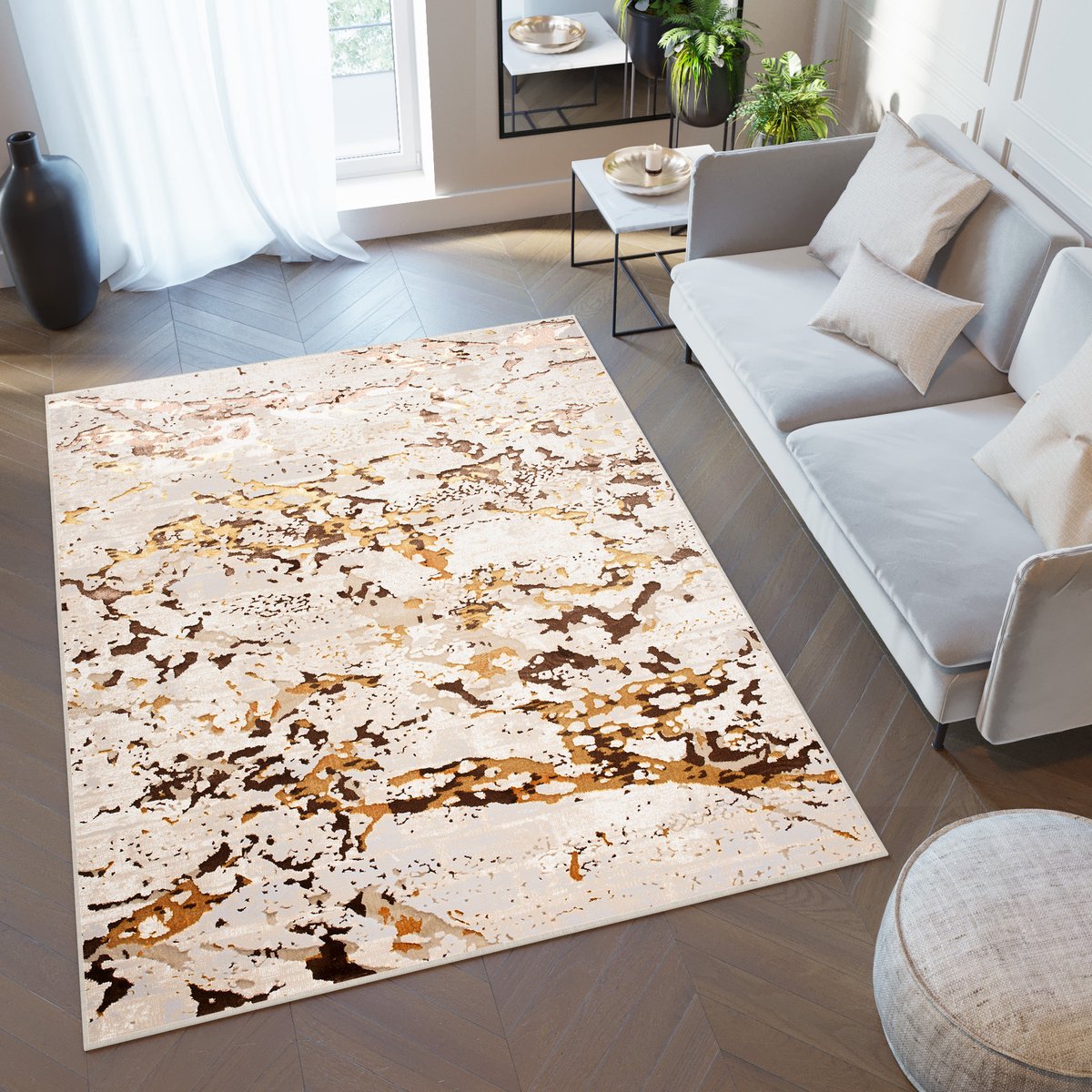 Tapiso Golden Vloerkleed Tapijt Woonkamer Laagpolig Maat- 140x200 Bruin 1