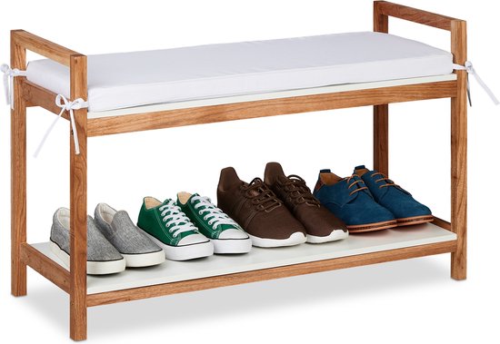 Relaxdays schoenenbank met zitkussen - houten schoenenrek - garderobebank met opbergruimte