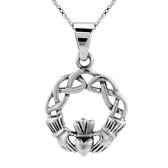 Ketting zilver | Zilveren ketting met hanger, gevlochten cirkel met handen met hart