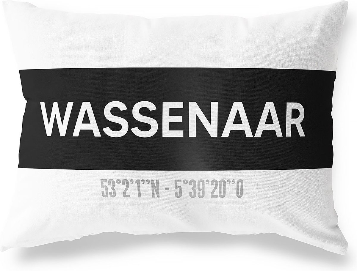 Tuinkussen WASSENAAR - ZUID-HOLLAND met coördinaten - Buitenkussen - Bootkussen - Weerbestendig - Jouw Plaats - Studio216 - Modern - Zwart-Wit - 50x30cm