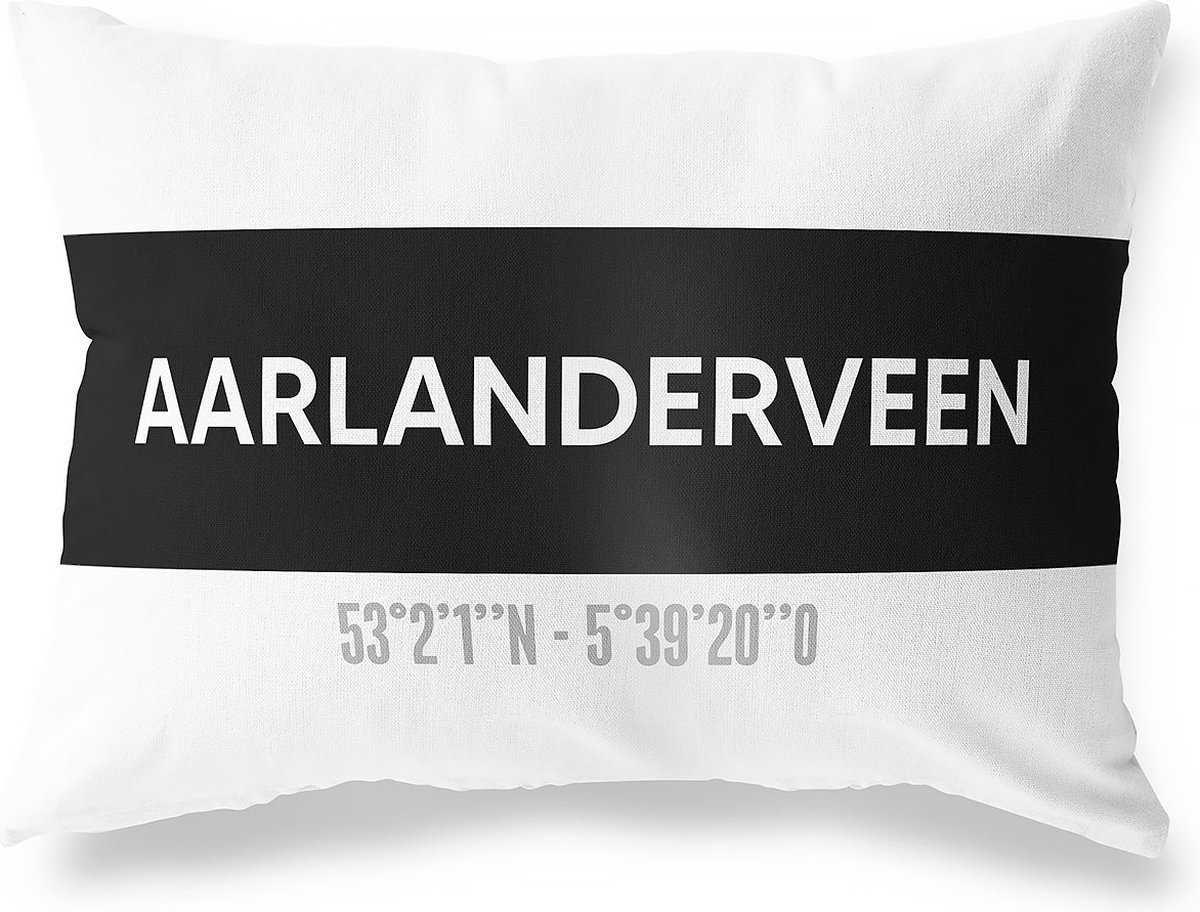 Tuinkussen AARLANDERVEEN - ZUID-HOLLAND met coördinaten - Buitenkussen - Bootkussen - Weerbestendig - Jouw Plaats - Studio216 - Modern - Zwart-Wit - 50x30cm