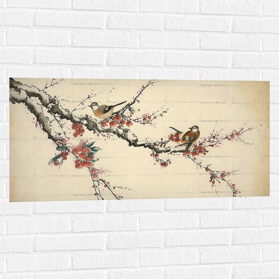Muursticker - Tekening van Vogeltjes op Smalle Tak met Rode Bloemen - 100x50 cm Foto op Muursticker