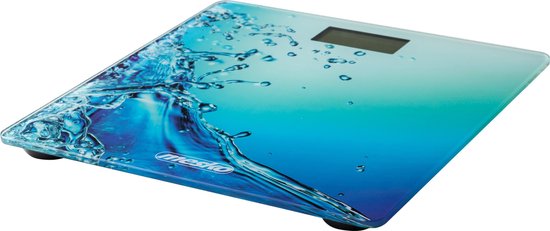 Glazen personenweegschaal met een dynamische print van blauw, stromend water.