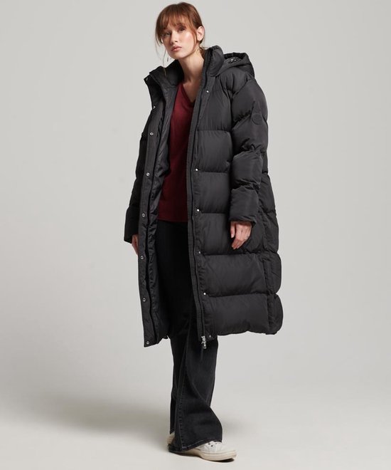 Superdry Longline Hooded Puffer Coat Dames Jas - Black - Maat S