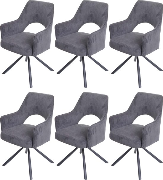 Set van 6 eetkamerstoelen MCW-K30, keukenstoel fauteuil, draaibare autostand, stof/textiel ~ corduroy donkergrijs
