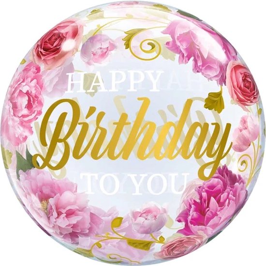 Helium Ballon Gevuld - Happy Birthday - Helium Ballonnen Verjaardag - Ballon Helium Gevuld - Speciaal Gevulde Helium Ballon (versie 19 / 50) - Roze bloemen