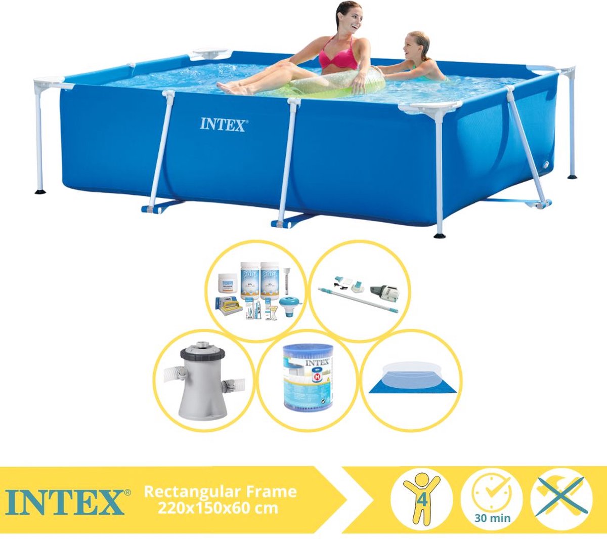 Intex Rectangular Frame Zwembad - Opzetzwembad - 220x150x60 cm - Inclusief Onderhoudspakket, Zwembadpomp, Filter, Grondzeil en Stofzuiger