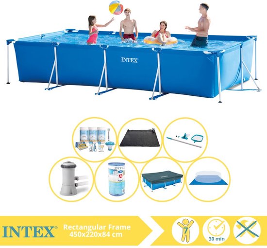 Piscine à Cadre Rectangulaire Intex - Piscine Hors Sol - 450x220x84 cm - Incluant Couverture de Piscine, Forfait d'Entretien, Pompe de Piscine, Filtre, Toile de Sol, Kit d'Entretien et Tapis Solar