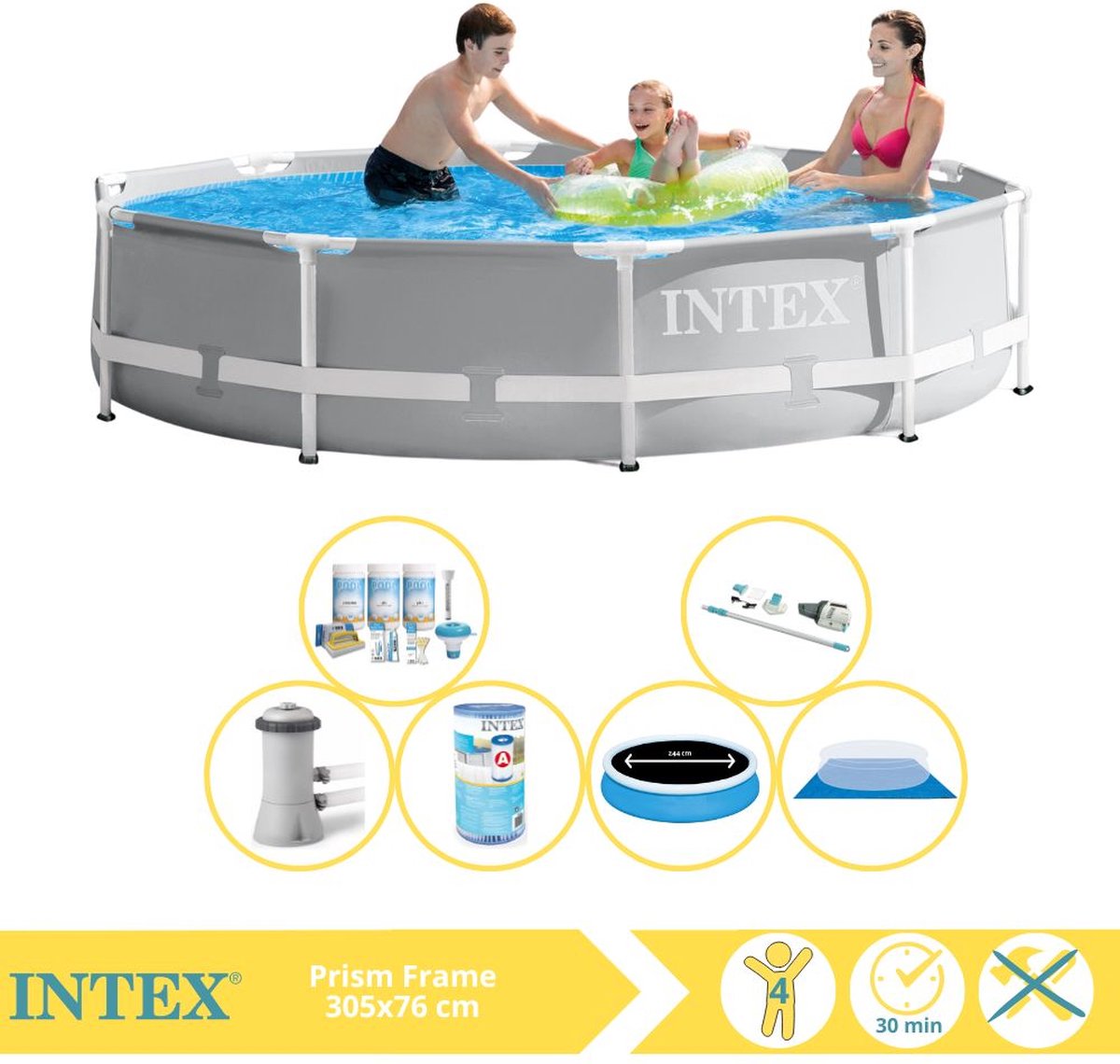 Intex Rond Prism Frame Zwembad - 366 x 76 cm - Grijs - Inclusief Pomp - Solarzeil - Onderhoudspakket - Filter - Grondzeil - Stofzuiger - 7-delig