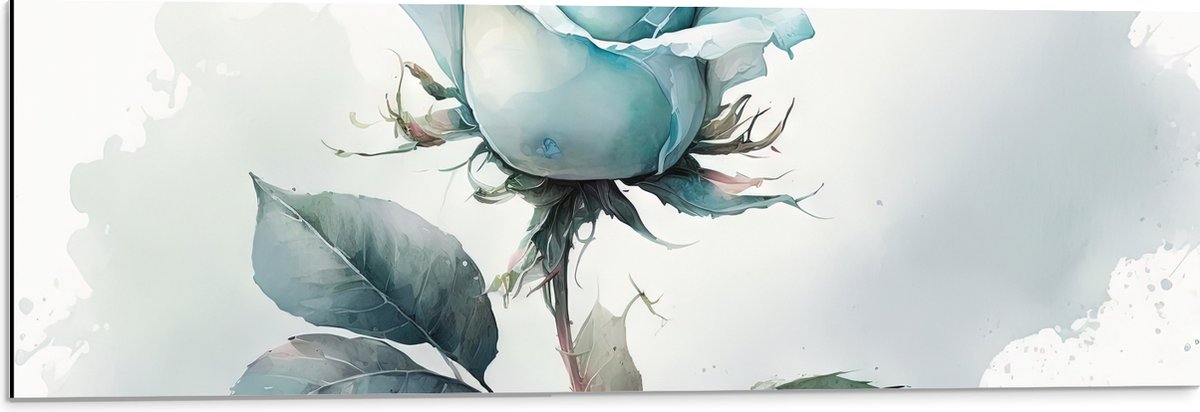 Dibond - Aquarel Verf Tekening van Lichtblauwe Roos - 90x30 cm Foto op Aluminium (Wanddecoratie van metaal)