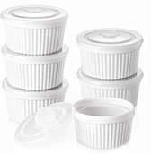 Ramekin Dishes 230 ml Oven-Safe with Lid, Creme Brulee Souffle Ramekins with Lid, Porcelain White Casserole Dishes for Baking, Stackable, Set of 6