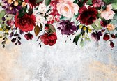 Fotobehang - Vlies Behang - Rozen en Bloemen op Betonnen Muur - 254 x 184 cm