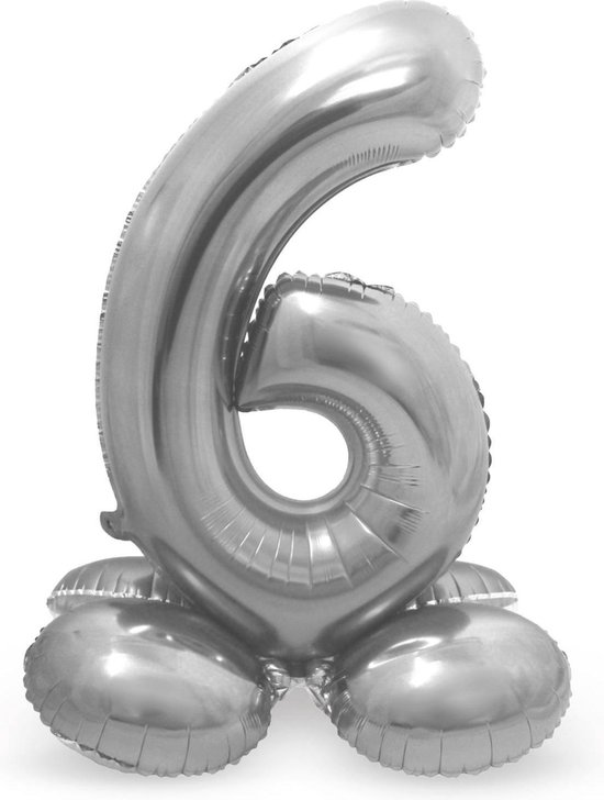 Staande Cijfer Ballon 6 staand zilver | 72 cm
