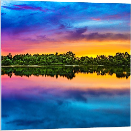 Acrylglas - Felkleurige Zonsondergang bij een Meer - 80x80cm Foto op Acrylglas (Met Ophangsysteem)
