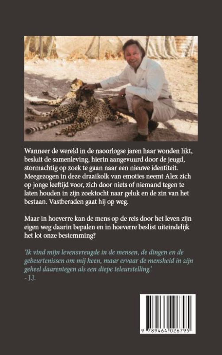 Boek 'Arco'. Een man zit bij drie cheeta's.