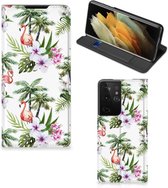 Hoesje met naam Samsung Galaxy S21 Ultra Telefoonhoesje Flamingo Palms