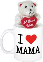 Moeder cadeau I Love Mama beker / mok 300 ml met beige knuffelbeertje met love hartje - Moederdag cadeautje