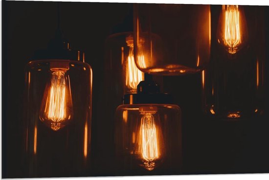Dibond - Hangende Lampen in Glazen Potten - 90x60cm Foto op Aluminium (Wanddecoratie van metaal)
