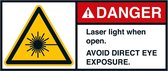 Danger Laser light when open sticker, ANSI, 2 per vel 70 x 160 mm