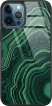 iPhone 12 hoesje glas - Groen agate - Hard Case - Zwart - Backcover - Marmer - Groen