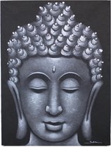 Boeddha Schilderij - Grijs Brokaat Detail - 80x60x3cm