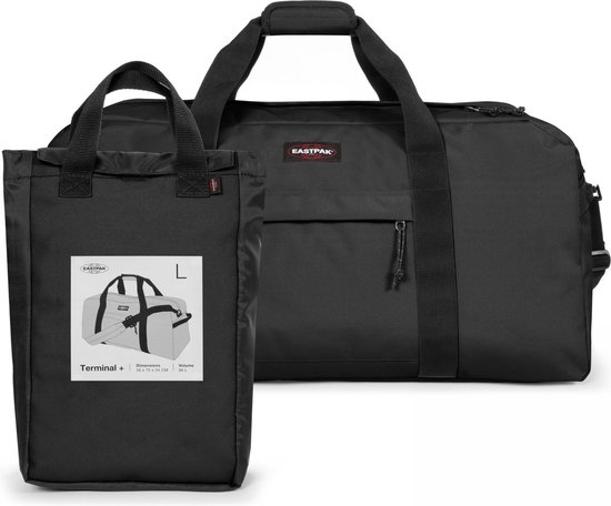 Zwarte Eastpak reistas met bijpassende opbergzak en productinformatie.