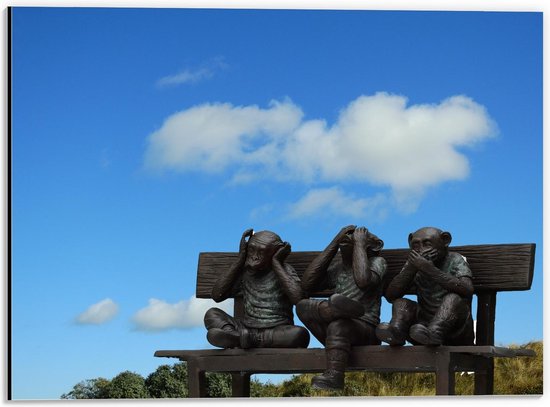 Dibond - Drie Aapjes op een Bankje - 40x30cm Foto op Aluminium (Wanddecoratie van metaal)