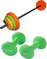 Tunturi - Fitness Set - Neopreen Dumbbellset 2 x 4 kg  - Halterset 20 kg incl stang