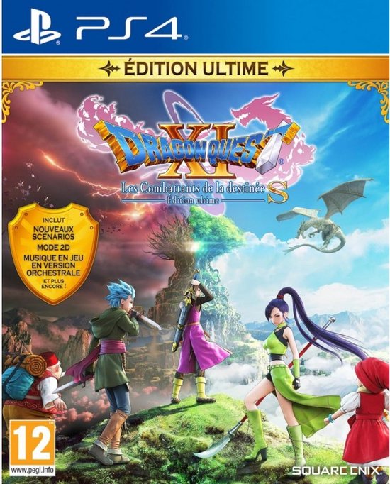 PlayStation 4 hoes art: Dragon Quest XI S Les Combattants de la Destinée - Édition ultime. Een groep helden staat op een heuvel met draken.