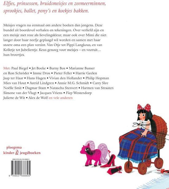 Een boek met de titel 'Elfjes, prinsessen, bruidsmeisjes en zeemeerminnen', met een illustratie van een meisje met een strik, een pony en schoenen.