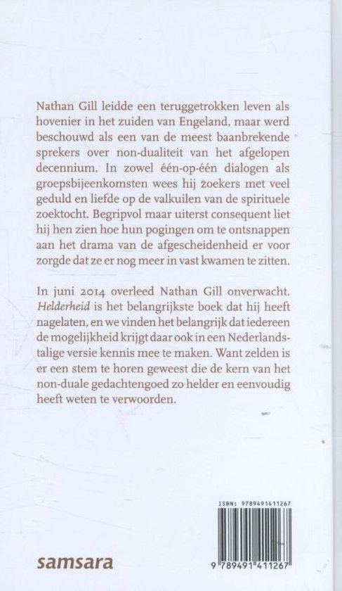 Achterkant van het boek 'Helderheid' met tekst over Nathan Gill.