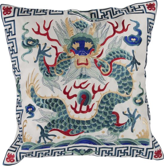 Fine Asianliving Kussenhoes Volledig Geborduurd Wit Draak 45x45cm Zonder Vulling