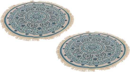 Set van 2x stuks blauwe/naturel hammam stijl badmat 50 cm rond - Mandala print - Badmatten - Badkamerkleedje