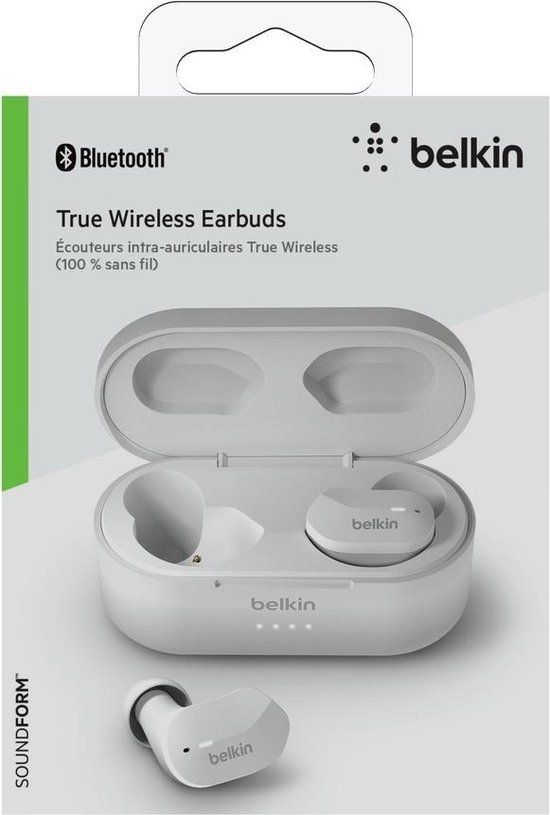 Verpakking van witte Belkin True Wireless oortelefoons met oplaadcase.