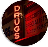 Forex Wandcirkel - ''Drugs'' Rode Letters - 40x40cm Foto op Wandcirkel (met ophangsysteem)