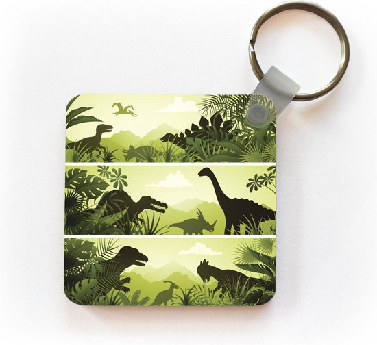 Porte-clés Illustration de Dinosaurus - Trois illustrations de dinosaures porte-clés en plastique - Porte-clés carré avec photo
