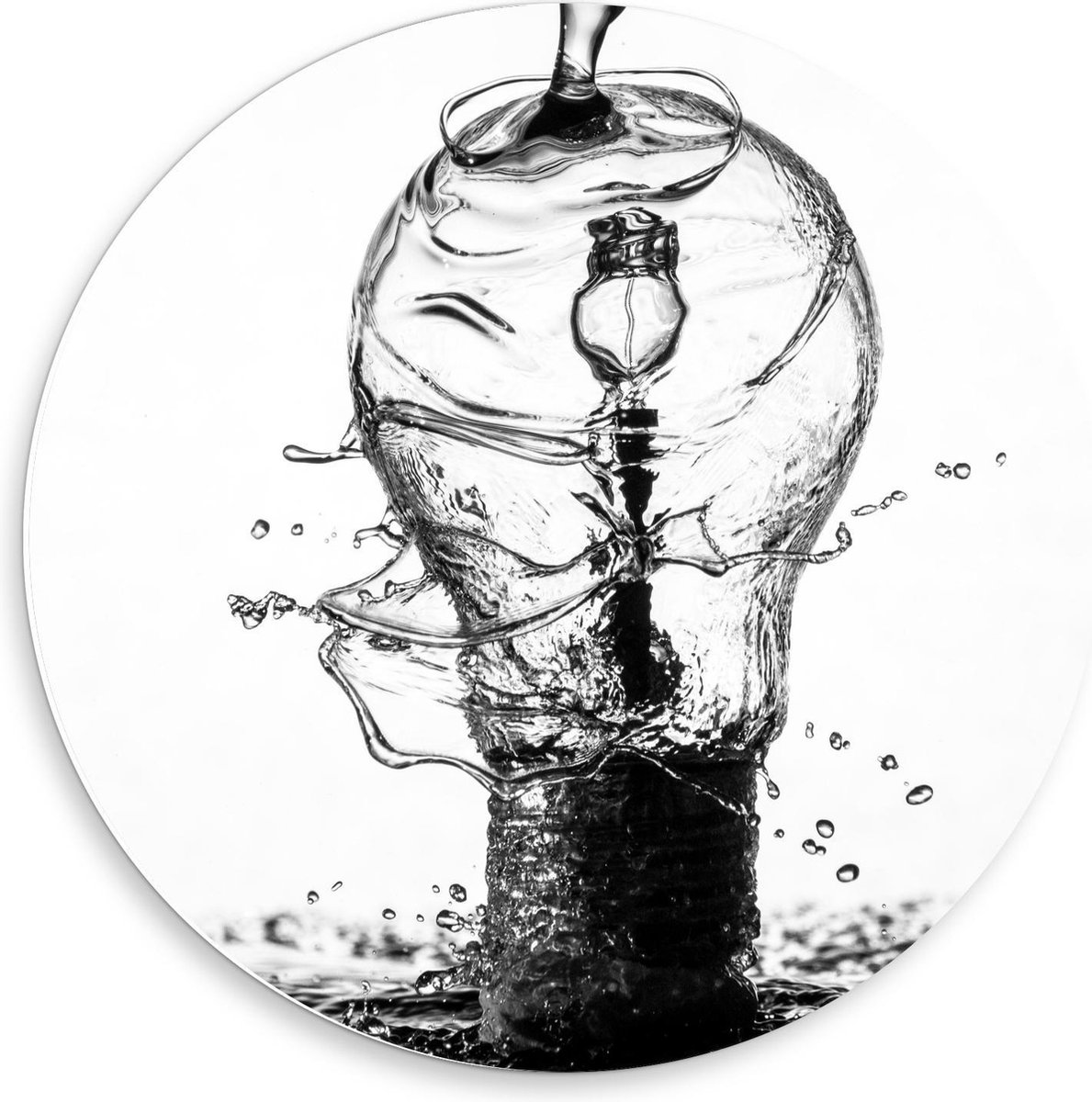 Forex Wandcirkel - Water over Gloeilamp (zwart/wit) - 50x50cm Foto op Wandcirkel (met opha