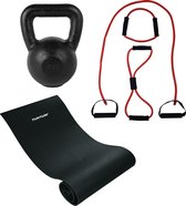 Tunturi - Fitness Set - Kettlebell 16 kg - Fitnessmat 160 x 60 x 0,7 cm - Tubing Set Rood