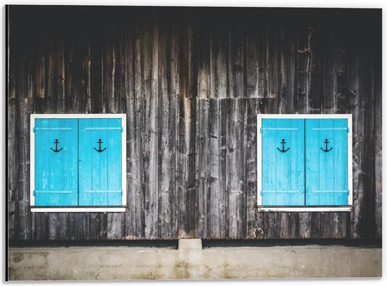 Dibond - Blauwe Luikjes met Ankers  - 40x30cm Foto op Aluminium (Wanddecoratie van metaal)