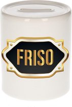 Friso naam cadeau spaarpot met gouden embleem - kado verjaardag/ vaderdag/ pensioen/ geslaagd/ bedankt