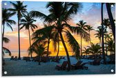 Tuinposter – Op het Strand met Zonsondergang - 90x60cm Foto op Tuinposter  (wanddecoratie voor buiten en binnen)