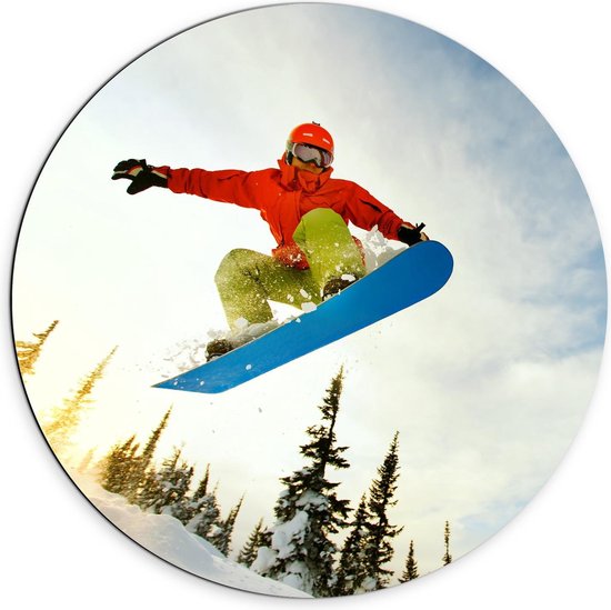 Dibond Wandcirkel - Snowboarder in de Lucht - 70x70cm Foto op Aluminium Wandcirkel (met ophangsysteem)