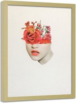 Foto in frame , Half vrouwen gezicht met Rode rozen ,70x100cm , wit beige , wanddecoratie