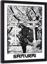 Foto in frame , Zwarte Samurai  ,70x100cm , zwart wit , wanddecoratie